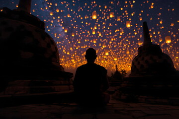 Silhouette of Buddhist Monk Watching Thousands of Sky Lanterns at Night