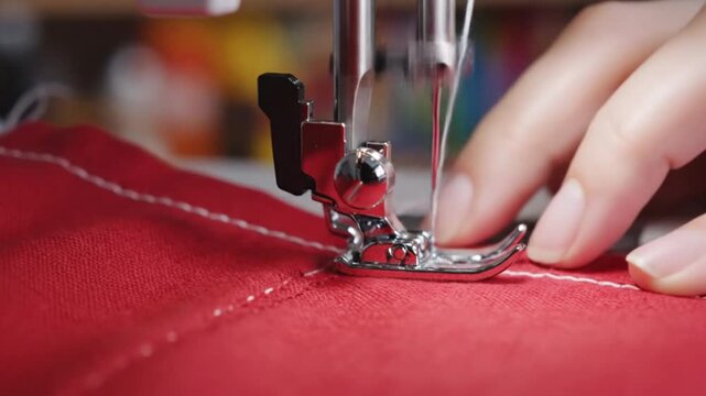 A person sewing a red fabric with a sewing machine in a creative workspace video