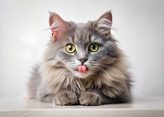 Obraz premium Funny large longhair gray kitten with beautiful big green eyes lying on white table. Lovely fluffy cat licking lips. Free space for text.