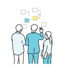 シンプル　イラスト　ブレインストーミングをするビジネスパーソンの男性と女性　ビジネスシーン