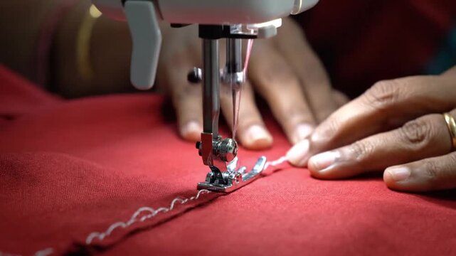 A woman using a sewing machine to stitch a red fabric in a video tutorial