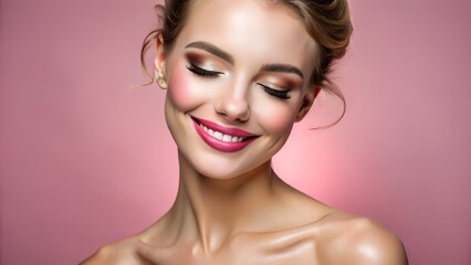 Fototapeta premium Beautiful Woman with Glowing Skin Smiling, Eyes Closed 