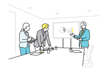 シンプル　イラスト　プレゼンをするビジネスパーソンの男性と女性　ビジネスシーン