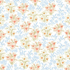 Seamless pattern of daffodil and forget me not flower isolated on transparent background for decoration and textile. You can edit shape and background