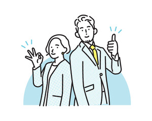 シンプル　イラスト　笑顔のビジネスパーソンの男性と女性　ビジネスシーン