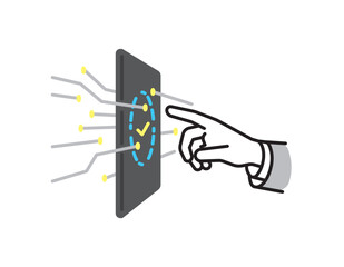 シンプル　イラスト　指で操作するデジタル認証タッチパネルのセキュリティイラスト　ビジネスシーン