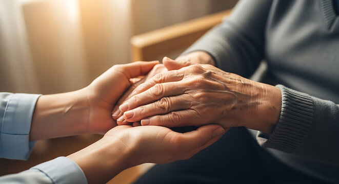 Close up of young person holding wrinkled hands of elderly patient providing comfort and compassion