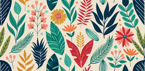 Floral seamless pattern with colorful leaves and flowers in minimal style, featuring variety of shapes and vibrant colors for decorative design