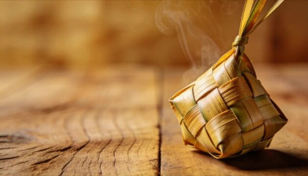 extreme close up woven ketupat with steam perfect for islamic celebrations eid mubarak and ramadan