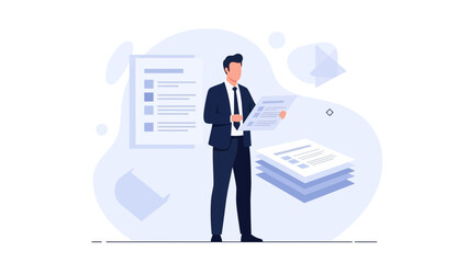 Businessman reviewing documents and checklist, modern business illustration