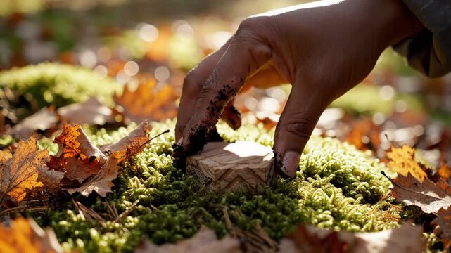 Hand placing small wooden object on mossy forest floor.