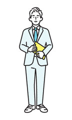シンプル　イラスト　笑顔のビジネスパーソンの男性の全身　ビジネスシーン