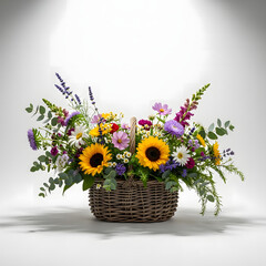 Naklejka premium Beautiful bouquet of colorful flowers in a wicker basket on white background transparent background