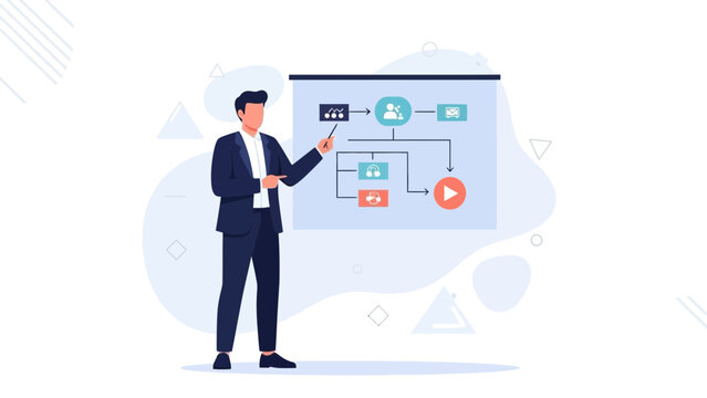 Man presenting flowchart on screen, business strategy presentation, workflow diagram