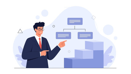Fototapeta premium Businessman pointing at organizational chart and stairs, business strategy concept