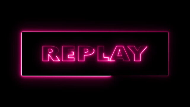 Replay text neon glow animation on black background. Live Streamers, Action replay game concept. 