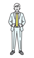 シンプル　イラスト　笑顔のビジネスパーソンの男性の全身　ビジネスシーン