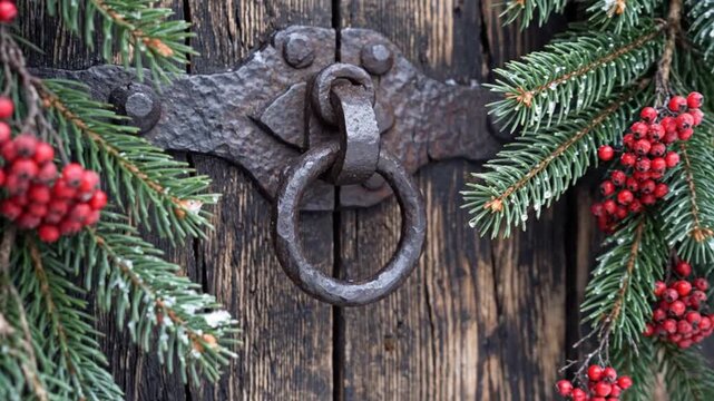 Hand Reaching For Old Wooden Door Knocker Decorated With Christmas Garland.