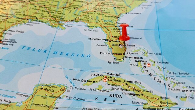 View of West Palm Beach, is a city in and the county seat of Palm Beach County, Florida, United States, On a geographical map of America, marked with red push pin