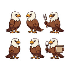Cartoon bald eagles in various poses with utensils and food
