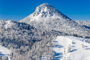 Scenic winter landscape showing snowy trees and ski lift at Shiga Kogen, Nagano