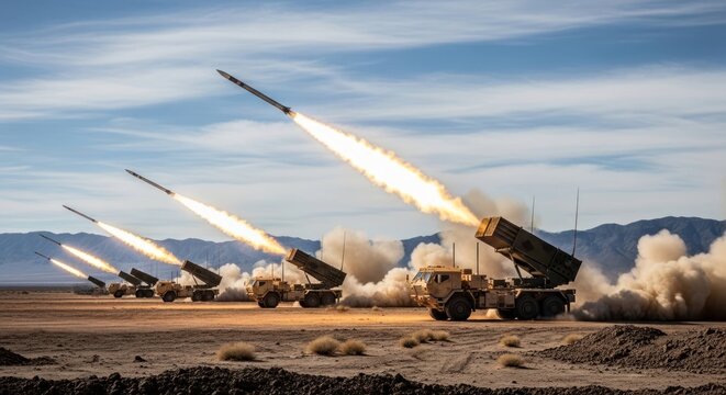 Multiple HIMARS Launching Missiles During Military Exercise.