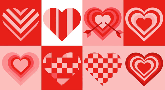 A vibrant collection of four rows and four columns of red hearts in diverse styles on transparent background silhouette