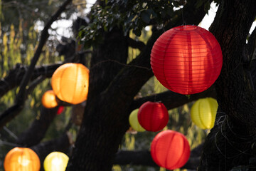 Colorful lanterns hung outdoors for a festive celebration
