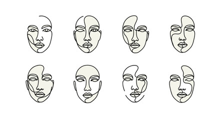Minimalist abstract faces arranged in a grid featuring continuous lines and a striking silhouette on transparent background high quality © Hridoy