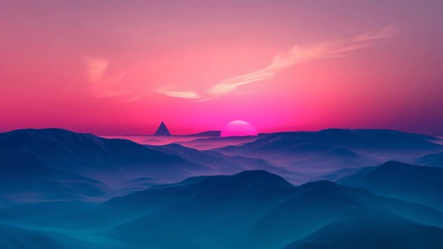 Pink Sunset Over Snowy Mountains