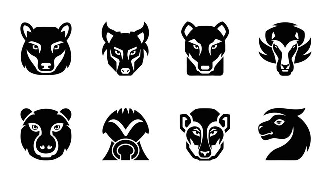 A collection of eight animal head silhouettes including bears wolves and deer on transparent background high quality professional detailed