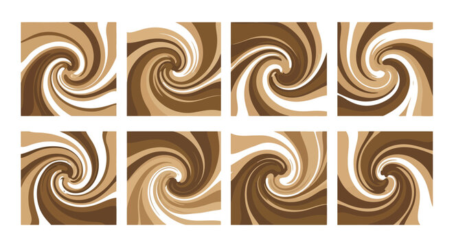 Eight square tiles displaying swirling chocolate and beige patterns ideal for design projects on transparent background silhouette high quality