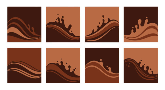 A set of eight square designs featuring flowing chocolate colored waves ideal for backgrounds on transparent background silhouette high quality