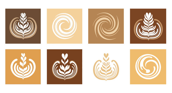 A collection of eight latte art designs presented in square frames on transparent background silhouette high quality professional detailed