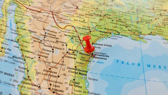 View of Matamoros, officially known as Heroica Matamoros, is a city in the northeastern Mexican state of Tamaulipas, Mexico, on a geographical map of America, marked with red push pin