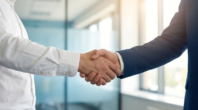 A firm handshake between two professional individuals, one in a white shirt and the other in a blue suit, symbolizing a successful business agreement.
