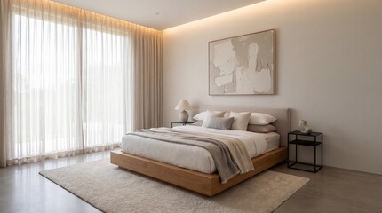 Fototapeta premium Photorealistic modern upscale bedroom with neatly made layered neutral linens, minimalist nightstands, warm ambient lighting, and sheer curtains filtering daylight in a clean, magazine-ready scene.