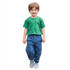 Fototapeta premium 5 years boy with short brown hair wearing green color isolated on a white background