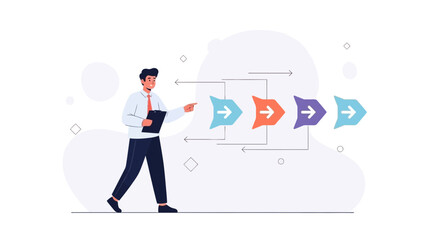 Obraz premium Business man pointing at workflow process diagram with arrows, concept of planning and strategy