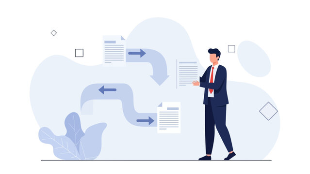 Business Professional Analyzing Workflow Process with Documents and Arrows