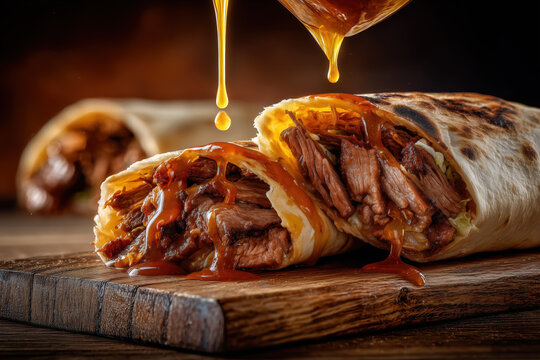 Grilled beef shawarma wrap drizzled with garlic sauce on wooden board close-up