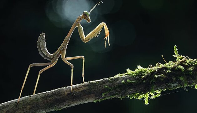 Macro bug life extreme detail capture praying mantis on moss branch in forest, wild insect predator pose, dramatic light and shadow, soft bokeh background, vivid nature focus scene