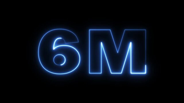 6 Million celebration, social media effect neon glow 6M text animation on black background. 