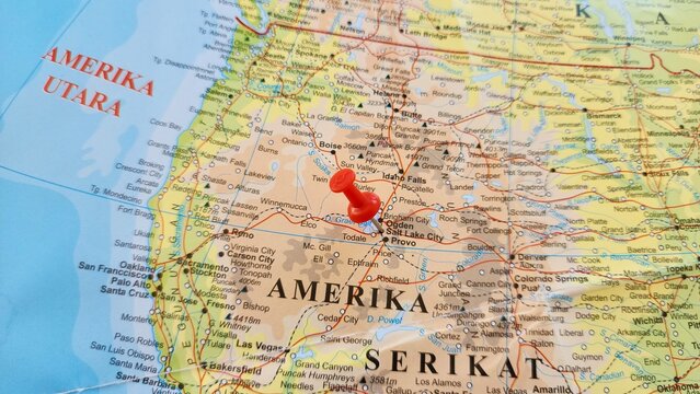 View of Salt Lake City, often shortened to Salt Lake or SLC, is the capital and most populous city of the U.S. state of Utah, on a geographical map of America, marked with red pushpin