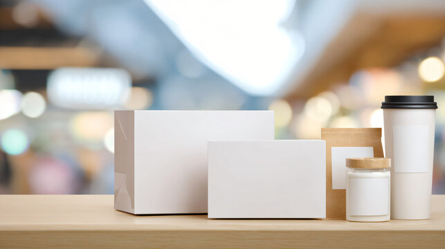 food packaging mockup displayed on counter, blank branding, clean retail food environment