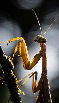 Macro mantis bug life extreme detail backlight nature insect portrait silhouette branch forest wild focus sunlight bokeh predator alert pose antenna green yellow brown peaceful camouflage garden