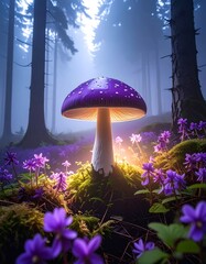 A giant purple mushroom glows in a misty forest, surrounded by flowers