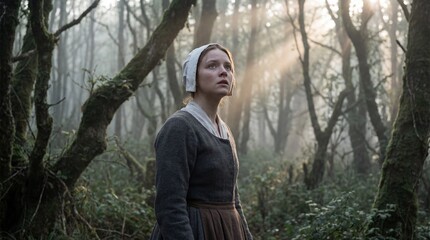 Naklejka premium Young Puritan settler in simple bonnet and muted dress gazing upward in a foggy woodland with sunbeams, cinematic mood and negative space for historical storytelling.