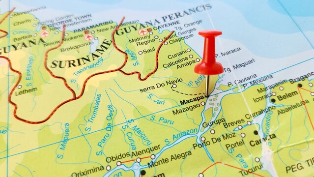 View of Macapa, Municipality in North, Brazil, on a geographical map of America, marked with red push pin