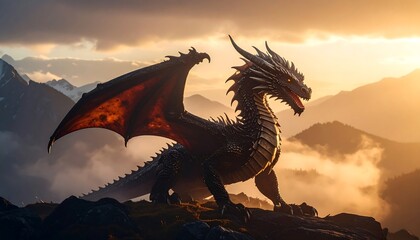 A majestic scaled beast, with fiery wings and glowing eyes, surveys a mountainous landscape at sunset